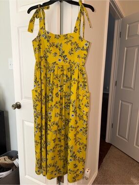 Tory Burch Yellow Floral Midi Dress with Blue and Green Print